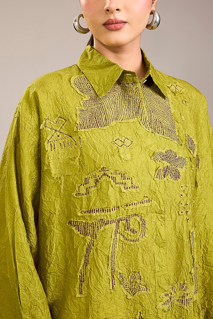 Yellow Mulberry Silk Kantha Embroidered Shirt by Divyam Mehta at Pernia's Pop Up Shop
